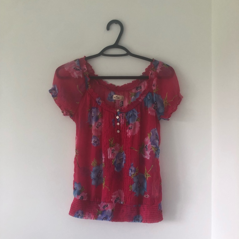Y2K Hollister Sheer Pink Floral Blouse | Size S